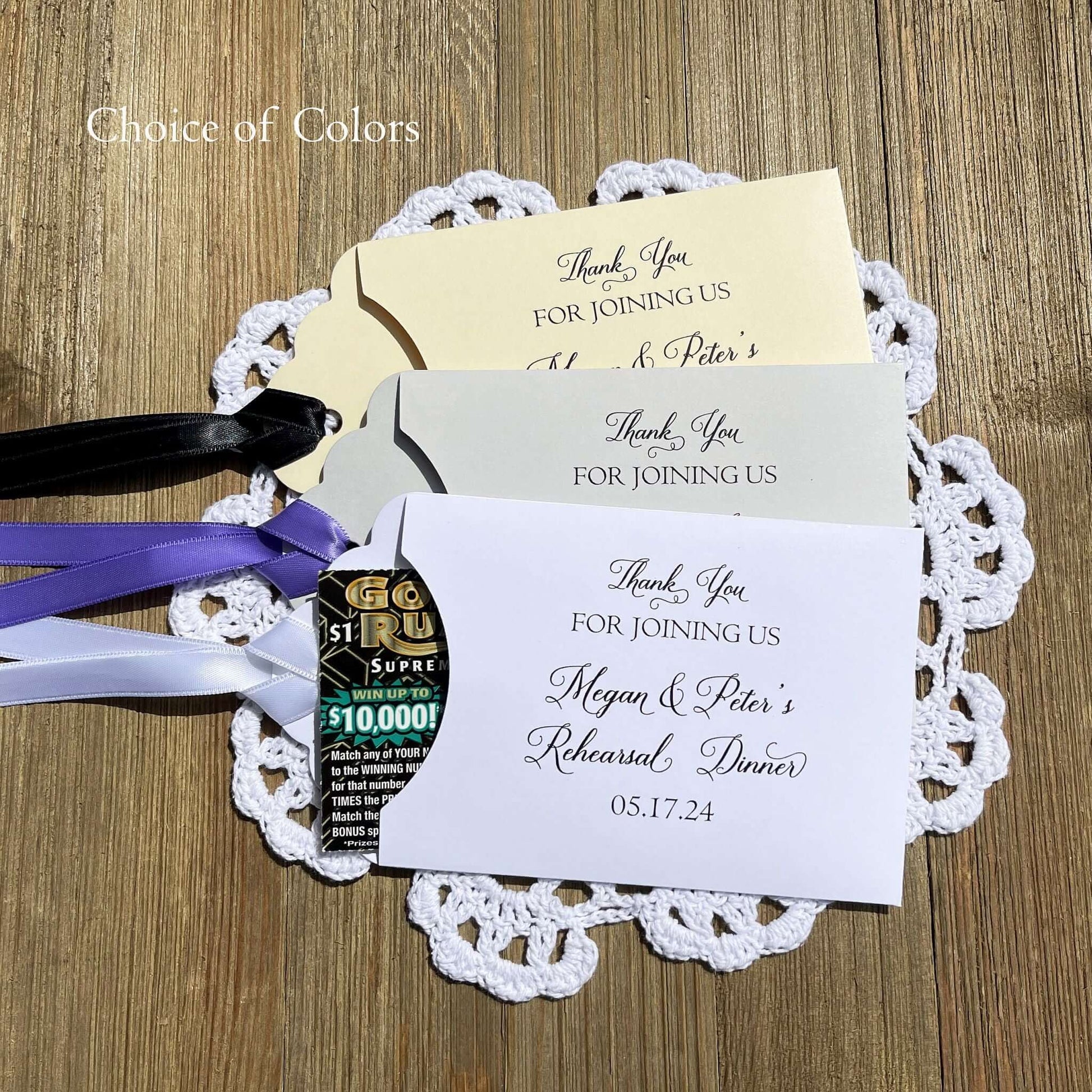 Lottery Ticket Rehearsal Dinner Favors Custom to thank your guests for joining you. Slide a lotto ticket in each envelope to see who wins. Personalized lottery ticket envelopes, choice of envelope and ribbon color.