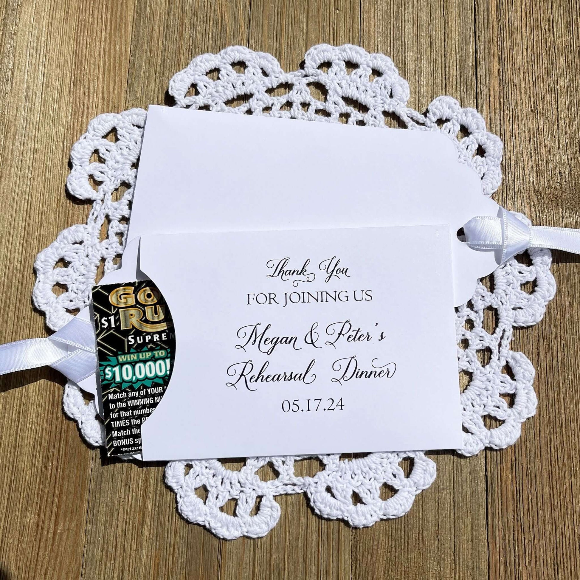 Lottery Ticket Rehearsal Dinner Favors Custom to thank your guests for joining you. Slide a lotto ticket in each envelope to see who wins. Personalized lottery ticket envelopes, choice of envelope and ribbon color.