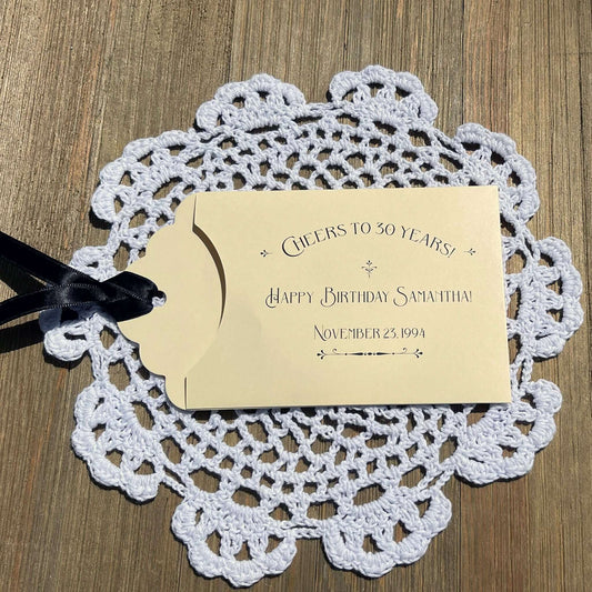 30th Birthday Lotto Ticket Party Favors, shown here for a 30th birthday they can be made for any birthday.  Cute envelopes, slide a lotto ticket in to see who wins big.  Your choice of envelope and ribbon color, ribbon included and comes attached.