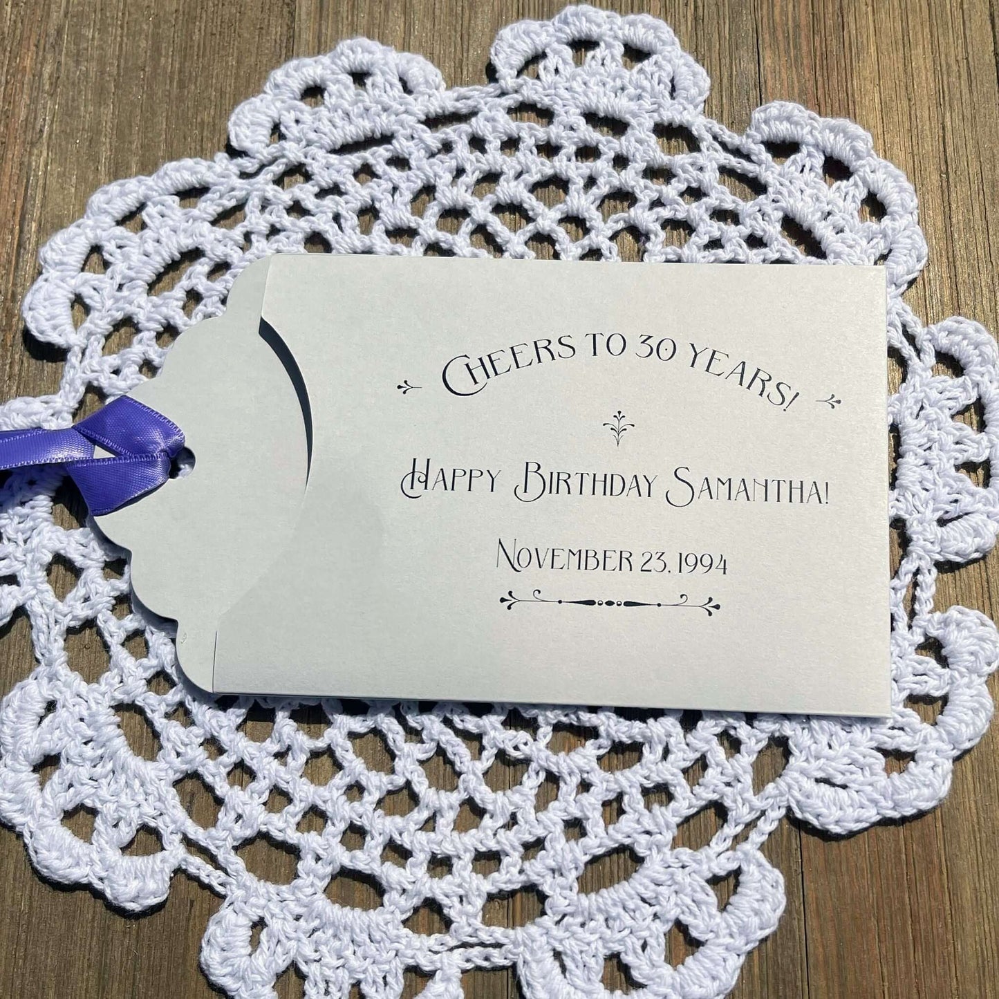 30th Birthday Lotto Ticket Party Favors, shown here for a 30th birthday they can be made for any birthday.  Cute envelopes, slide a lotto ticket in to see who wins big.  Your choice of envelope and ribbon color, ribbon included and comes attached.