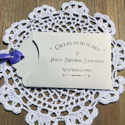 30th Birthday Lotto Ticket Party Favors, shown here for a 30th birthday they can be made for any birthday.  Cute envelopes, slide a lotto ticket in to see who wins big.  Your choice of envelope and ribbon color, ribbon included and comes attached.
