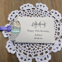 Bring some fun to the party with these 40th birthday party favors, slide a lotto ticket in the envelope and see who wins big.  Each envelope is personalized for the guest of honor and comes in your choice of envelope color and ribbon color.