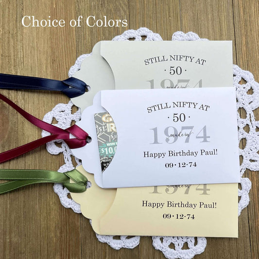 Unique 50th Birthday Party Favors, personalized for the guest of honor.  These favors will add some fun to the event, slide a instant lotto ticket in to see who wins.  Your choice of envelope and ribbon color.