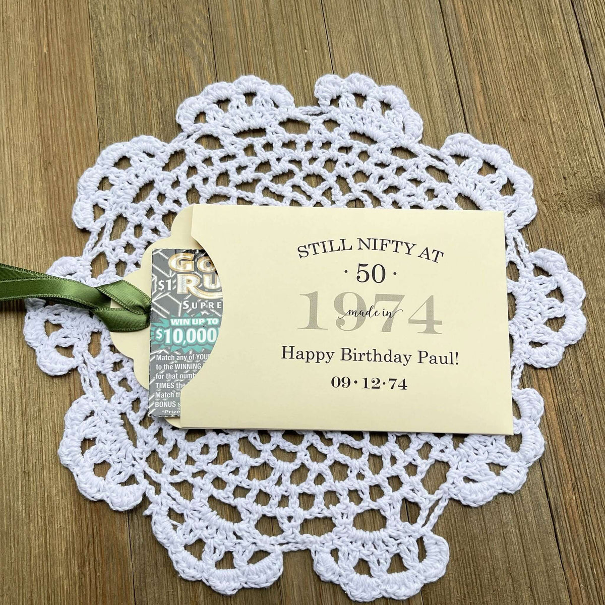 Unique 50th Birthday Party Favors, personalized for the guest of honor.  These favors will add some fun to the event, slide a instant lotto ticket in to see who wins.  Your choice of envelope and ribbon color.