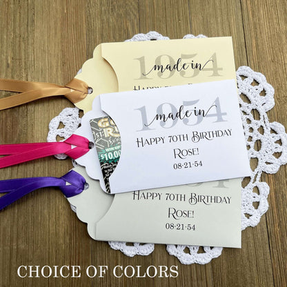 The Best Adult Birthday Party Favors , slide a lotto ticket in these adorable holders to see which guest wins big.  Personalized favors for the guest of honor, adorned with the birth year, name and birth date of the honoree.  Your choice of envelope and ribbon color.