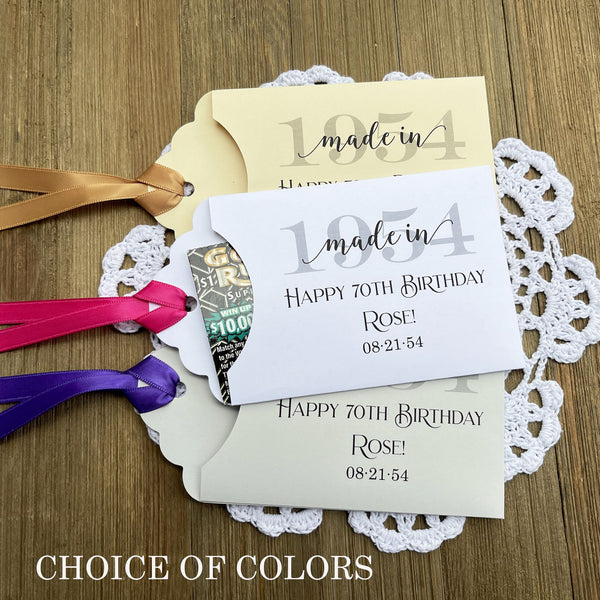 The best adult birthday party favors, slide a lotto ticket in these adorable holders to see which guest wins big.  Personalized favors for the guest of honor, adorned with the birth year, name and birth date of the honoree.  Your choice of envelope and ribbon color.