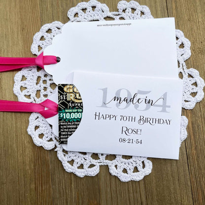 The Best Adult Birthday Party Favors , slide a lotto ticket in these adorable holders to see which guest wins big.  Personalized favors for the guest of honor, adorned with the birth year, name and birth date of the honoree.  Your choice of envelope and ribbon color.