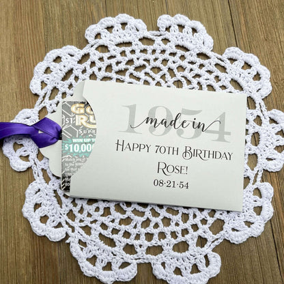 The Best Adult Birthday Party Favors , slide a lotto ticket in these adorable holders to see which guest wins big.  Personalized favors for the guest of honor, adorned with the birth year, name and birth date of the honoree.  Your choice of envelope and ribbon color.