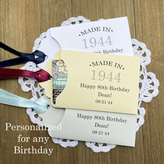 Personalized 80th Birthday Party Favors, add a lottery ticket and see who wins.  Personalized for any birthday with your choice of envelope and ribbon color.  Lovely table favors for an 80th or 90th birthday party celebration.