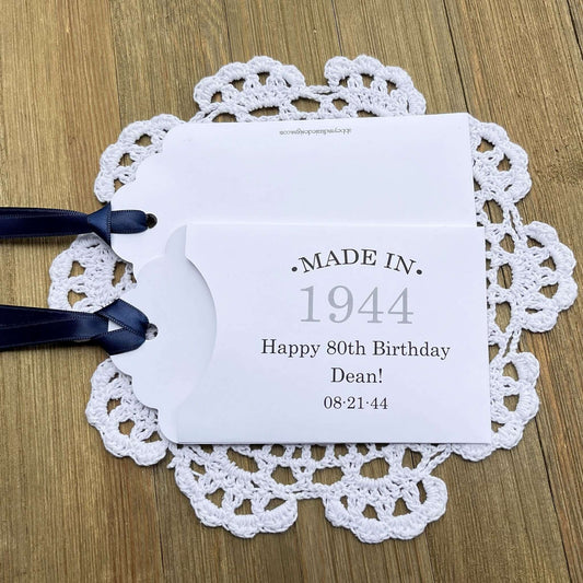 Personalized 80th Birthday Party Favors, add a lottery ticket and see who wins.  Personalized for any birthday with your choice of envelope and ribbon color.  Lovely table favors for an 80th or 90th birthday party celebration.