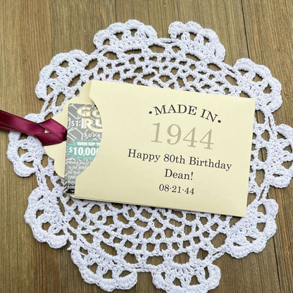 Personalized 80th Birthday Party Favors, add a lottery ticket and see who wins.  Personalized for any birthday with your choice of envelope and ribbon color.  Lovely table favors for an 80th or 90th birthday party celebration.