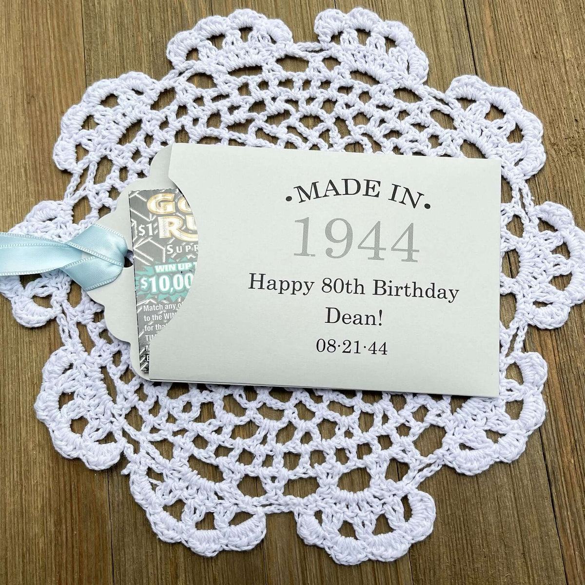 Personalized 80th Birthday Party Favors, add a lottery ticket and see who wins.  Personalized for any birthday with your choice of envelope and ribbon color.  Lovely table favors for an 80th or 90th birthday party celebration.
