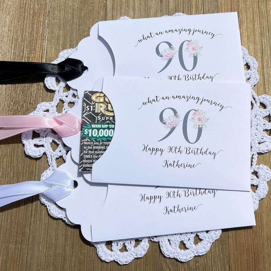 Elegant 90th Birthday Party Favors will add a special touch to your event.  Printed on white card stock with a large 90 in floral font add the guest of honors name for a personal touch.  Your choice of pink, black or white ribbon which comes attahced.