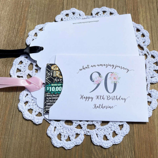 Elegant 90th Birthday Party Favors will add a special touch to your event.  Printed on white card stock with a large 90 in floral font add the guest of honors name for a personal touch.  Your choice of pink, black or white ribbon which comes attahced.