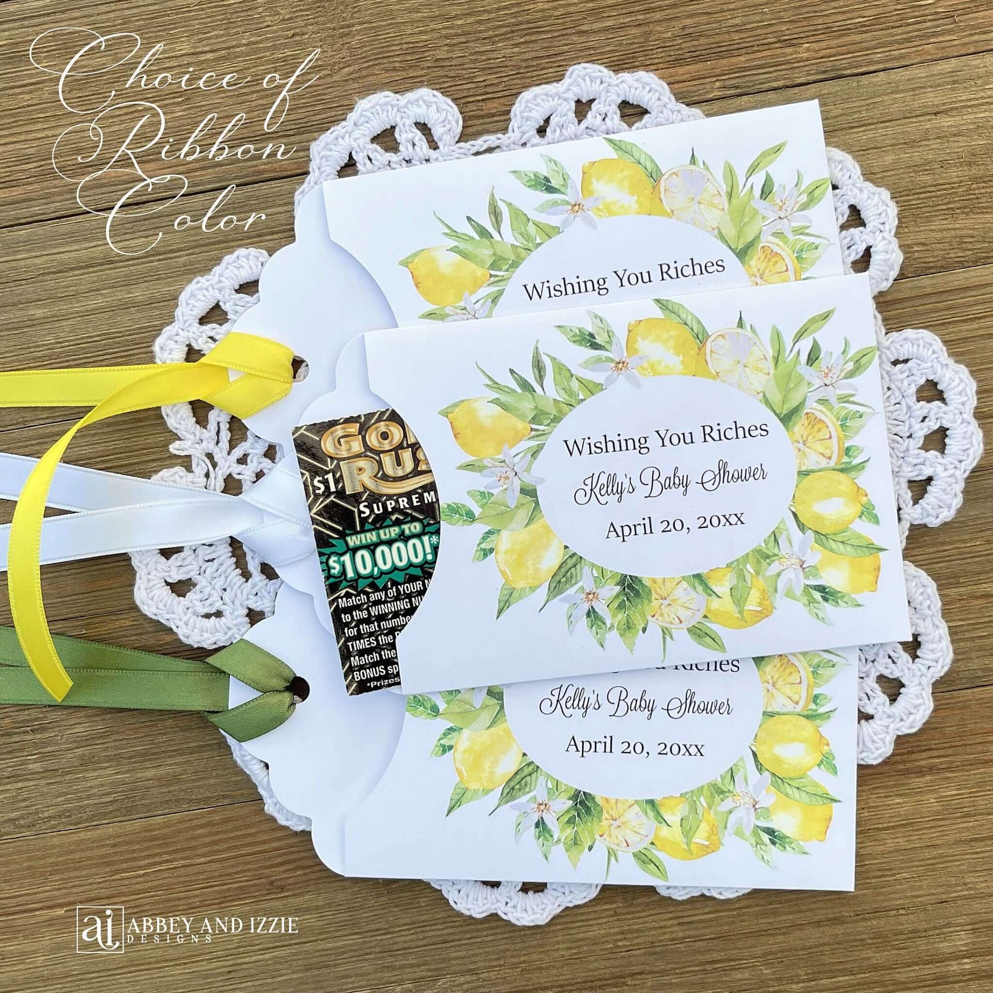 Amalfi Coast Baby Shower Favors Personalized, adorned with a lemon frame.  Baby shower lotter ticket favors, slide a lotto ticket in for a fun favor.  Personalized with 'Wishing you Riches' and the Mom to be Baby shower and date.