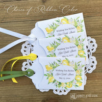 Lemon bridal shower favors, elegant and personalized for the bride to be.  Printed on white card stock envelopes, adorned with a wreath of lemons, each comes assembled with your choice of ribbon color.