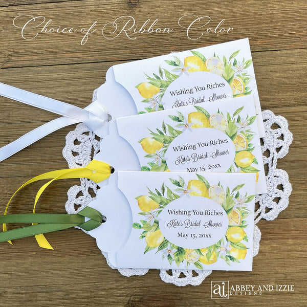Lemon bridal shower favors, elegant and personalized for the bride to be.  Printed on white card stock envelopes, adorned with a wreath of lemons, each comes assembled with your choice of ribbon color.