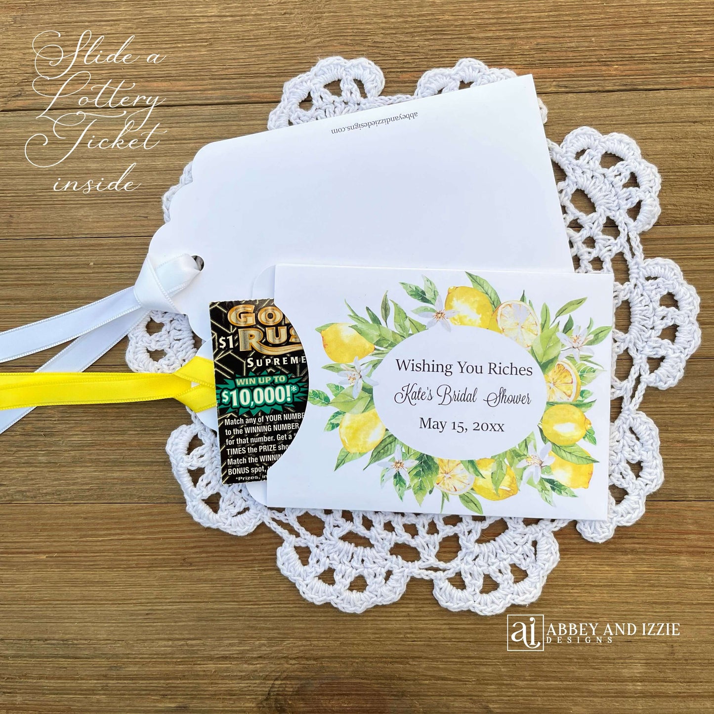Lemon bridal shower favors, elegant and personalized for the bride to be.  Printed on white card stock envelopes, adorned with a wreath of lemons, each comes assembled with your choice of ribbon color.