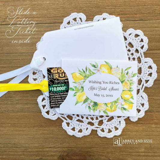 Lemon bridal shower favors, elegant and personalized for the bride to be.  Printed on white card stock envelopes, adorned with a wreath of lemons, each comes assembled with your choice of ribbon color.