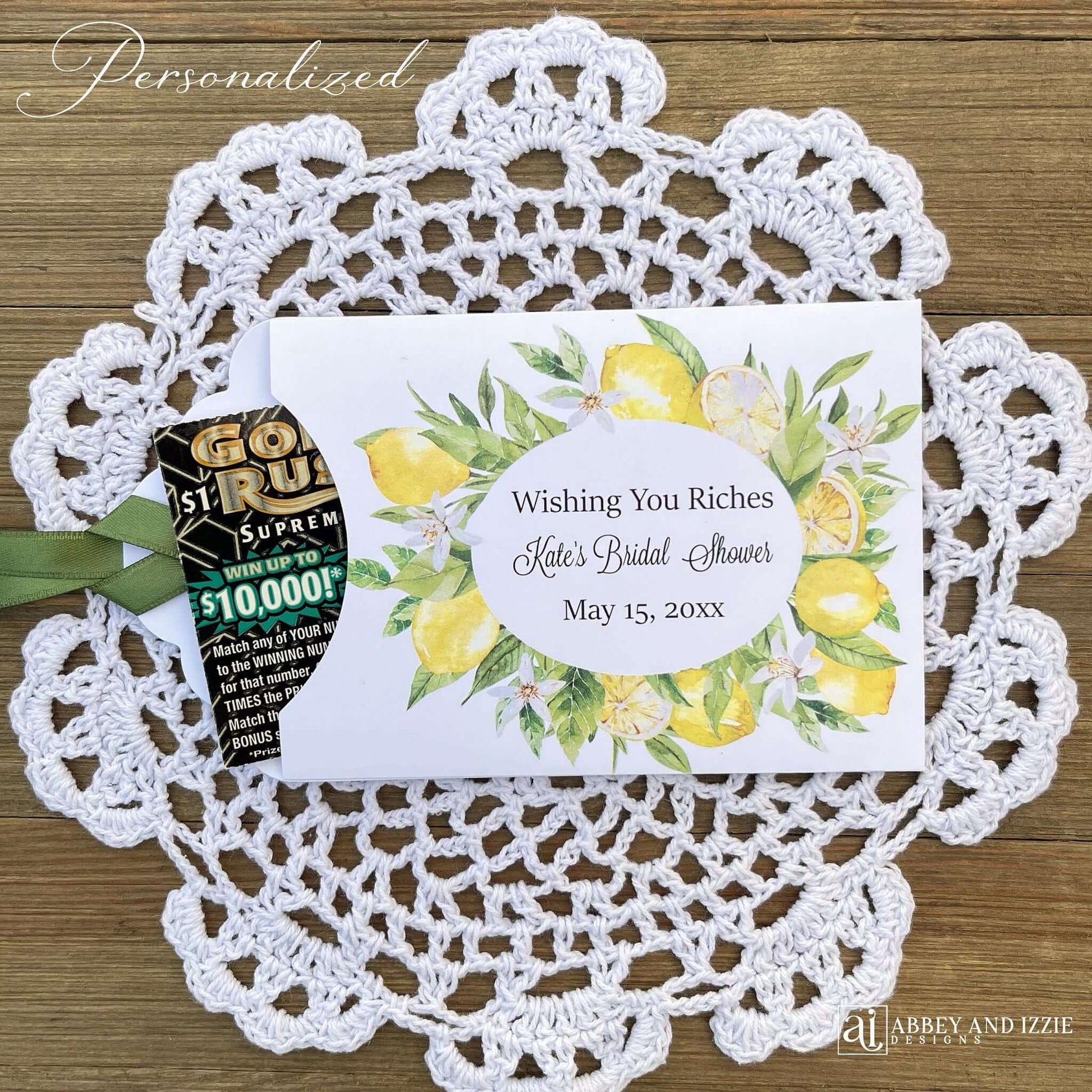 Lemon bridal shower favors, elegant and personalized for the bride to be.  Printed on white card stock envelopes, adorned with a wreath of lemons, each comes assembled with your choice of ribbon color.