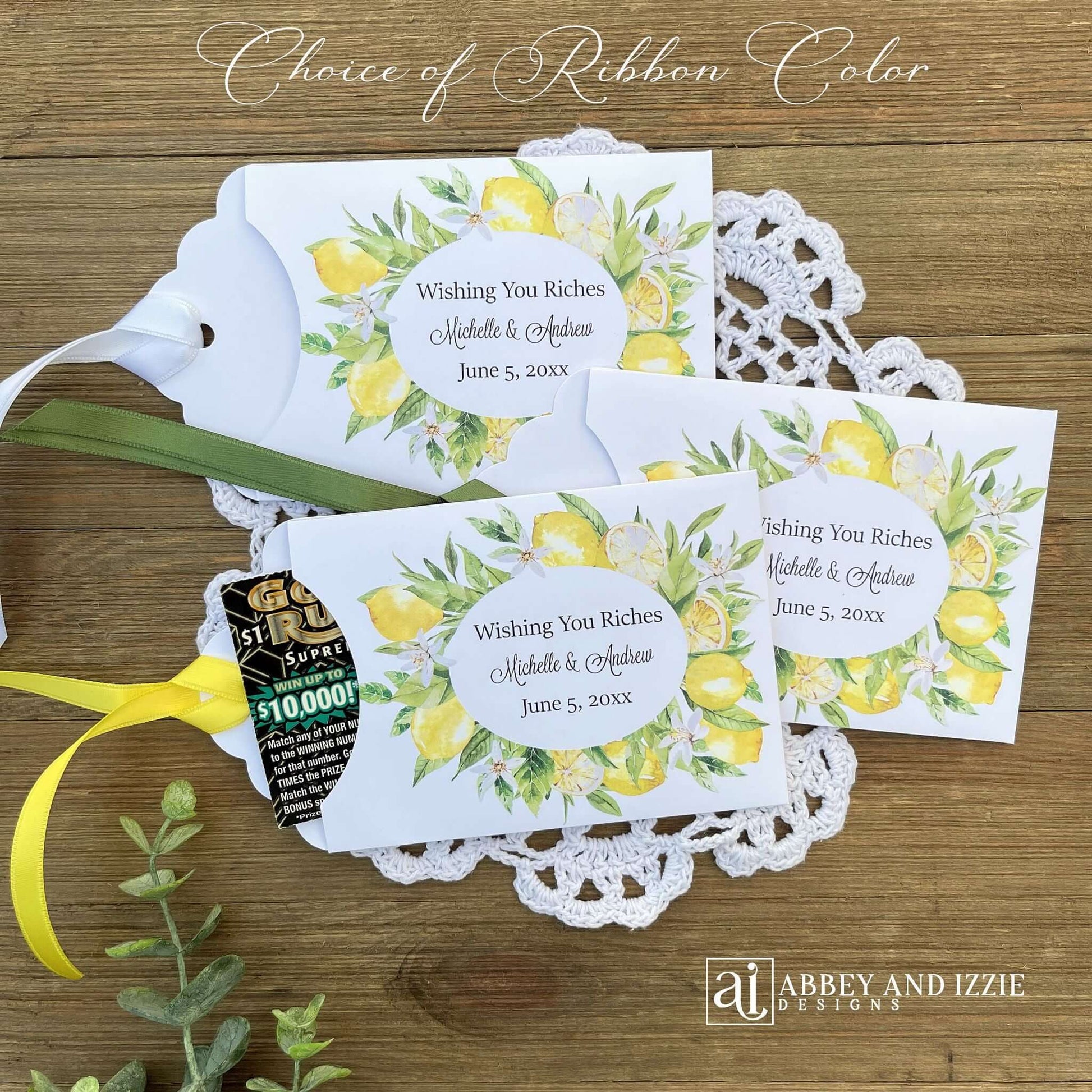 Our lemon wedding guest favors will be perfect for match Mediterranean theme wedding.  Printed on white card stock envelopes and adorned with lemons and a ribbon which comes attached.  These are personalized for your special day.  Slide a lotto ticket in for a fun favor for your guests.
