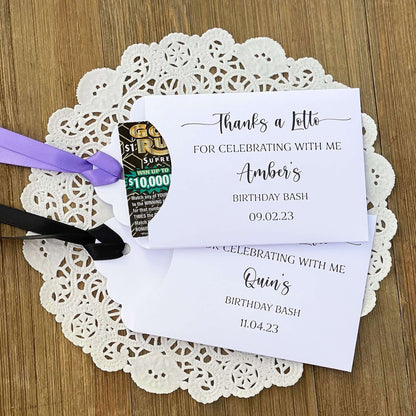 Thanks a Lotto Adult Birthday Favor, slide scratch off ticket in these cute envelopes for a fun party favor.    Printed 'thanks a lotto for celebrating with me' with the guest of honros name and party date.  Slide a lotto ticket in to see who wins.  Printed on white card stock, your choice of ribbon color.