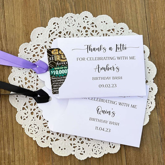 Thanks a Lotto Adult Birthday Favor, slide scratch off ticket in these cute envelopes for a fun party favor.    Printed 'thanks a lotto for celebrating with me' with the guest of honros name and party date.  Slide a lotto ticket in to see who wins.  Printed on white card stock, your choice of ribbon color.