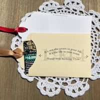Fun and unique adult birthday party favors. Printed on card stock envelopes your choice of colors. Personalized for the guest of honor, slide a scratch off lotto ticket in and see who wins big. Fun favors to excite your guests.