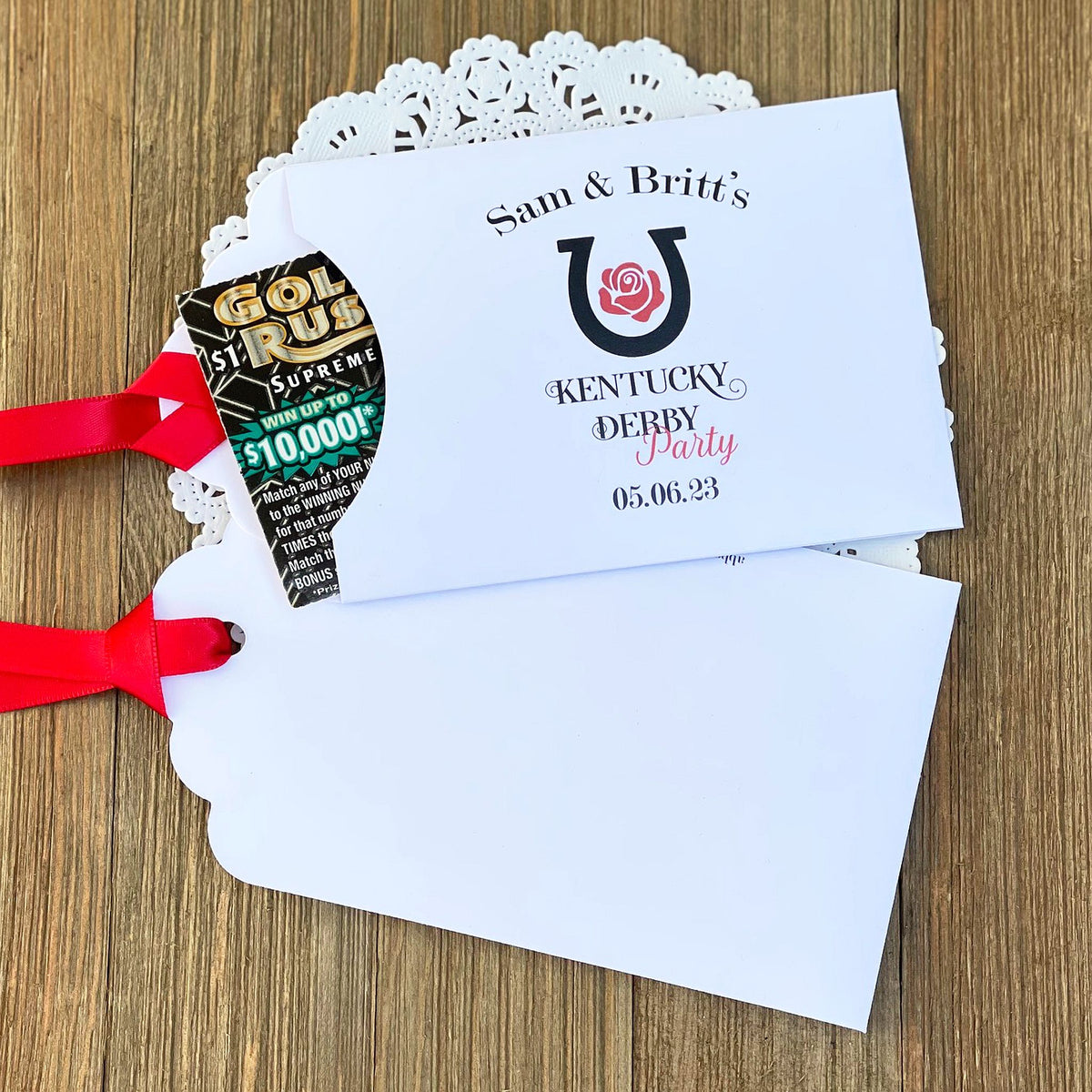 Scratch off Favors For Kentucky Derby, slide a lotto ticket in these adorable envelops.  White envelopes tht are personalized for your event, red ribbon which comes attached. 
