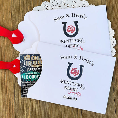 Scratch off Favors For Kentucky Derby, slide a lotto ticket in these adorable envelops.  White envelopes tht are personalized for your event, red ribbon which comes attached. 