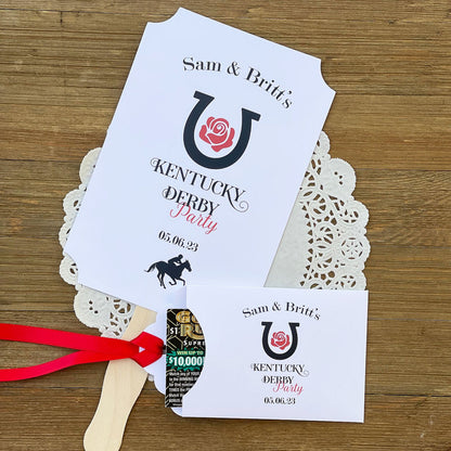 Scratch off Favors For Kentucky Derby, slide a lotto ticket in these adorable envelops.  White envelopes tht are personalized for your event, red ribbon which comes attached. 
