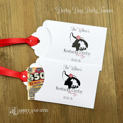 Scratch off Favors For Kentucky Derby, slide a lotto ticket in these adorable envelops.  White envelopes tht are personalized for your event, red ribbon which comes attached. 