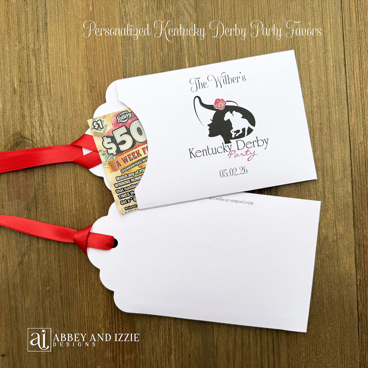 Scratch off Favors For Kentucky Derby, slide a lotto ticket in these adorable envelops.  White envelopes tht are personalized for your event, red ribbon which comes attached. 