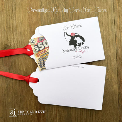 Scratch off Favors For Kentucky Derby, slide a lotto ticket in these adorable envelops.  White envelopes tht are personalized for your event, red ribbon which comes attached. 
