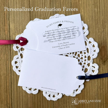 The Best Graduation Party Favors  to thank you guests for celebrating with you. Personalized for the graduates special day printed on white card stock your choice of ribbon color. Easy grad party favors, slide a lotto ticket in to see who wins big.