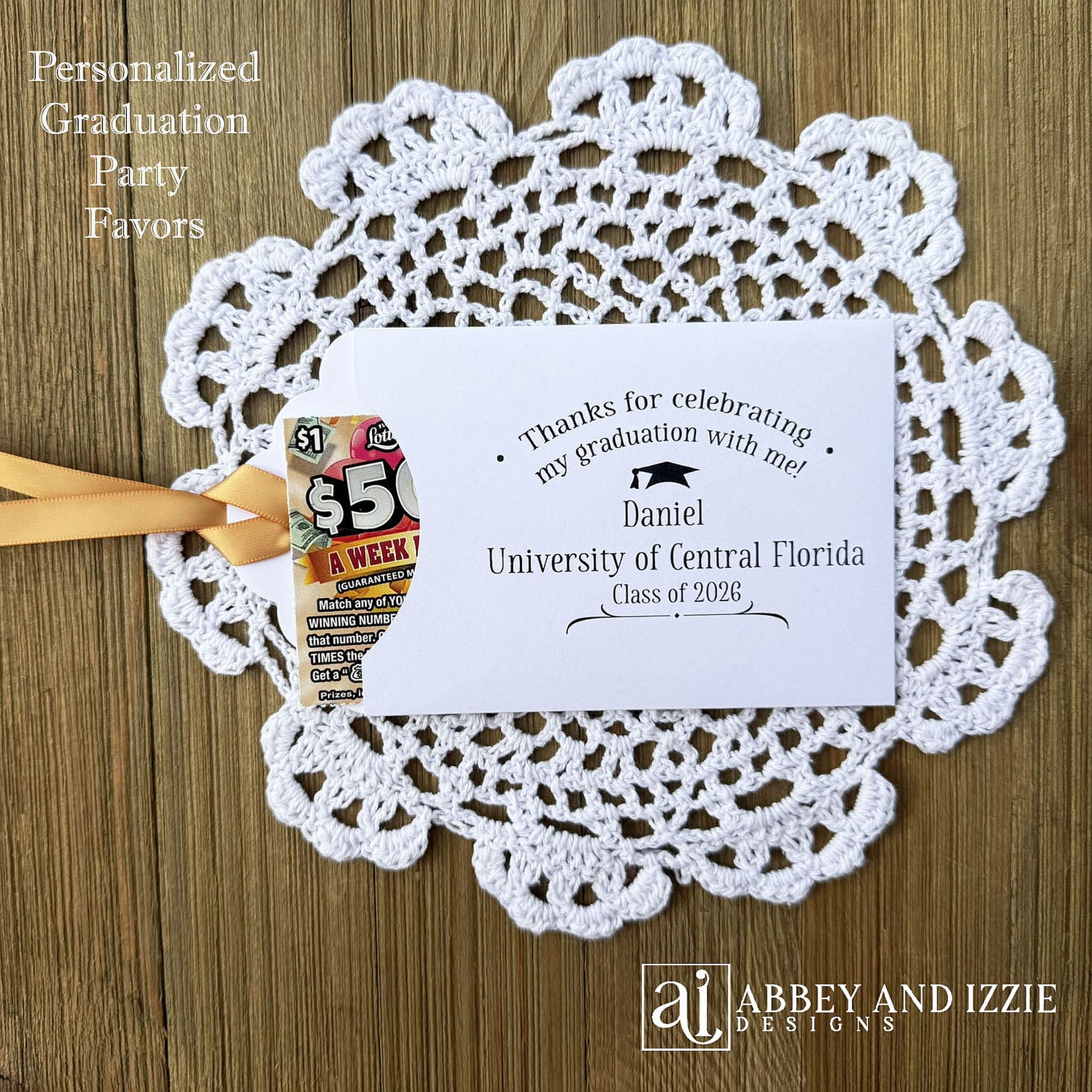 Fun Graduation Party Favors Personalized . Lotto ticket envelopes personalized for the graduate with your choice of ribbon color.  Fun graduation favors for everyone to enjoy.  