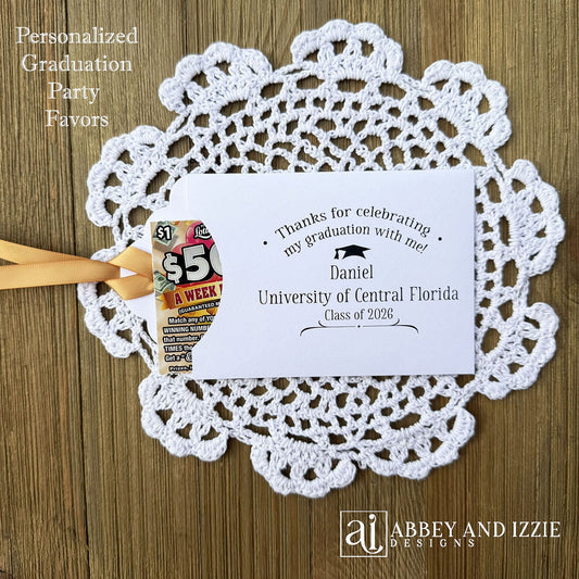 Fun Graduation Party Favors Personalized . Lotto ticket envelopes personalized for the graduate with your choice of ribbon color.  Fun graduation favors for everyone to enjoy.  