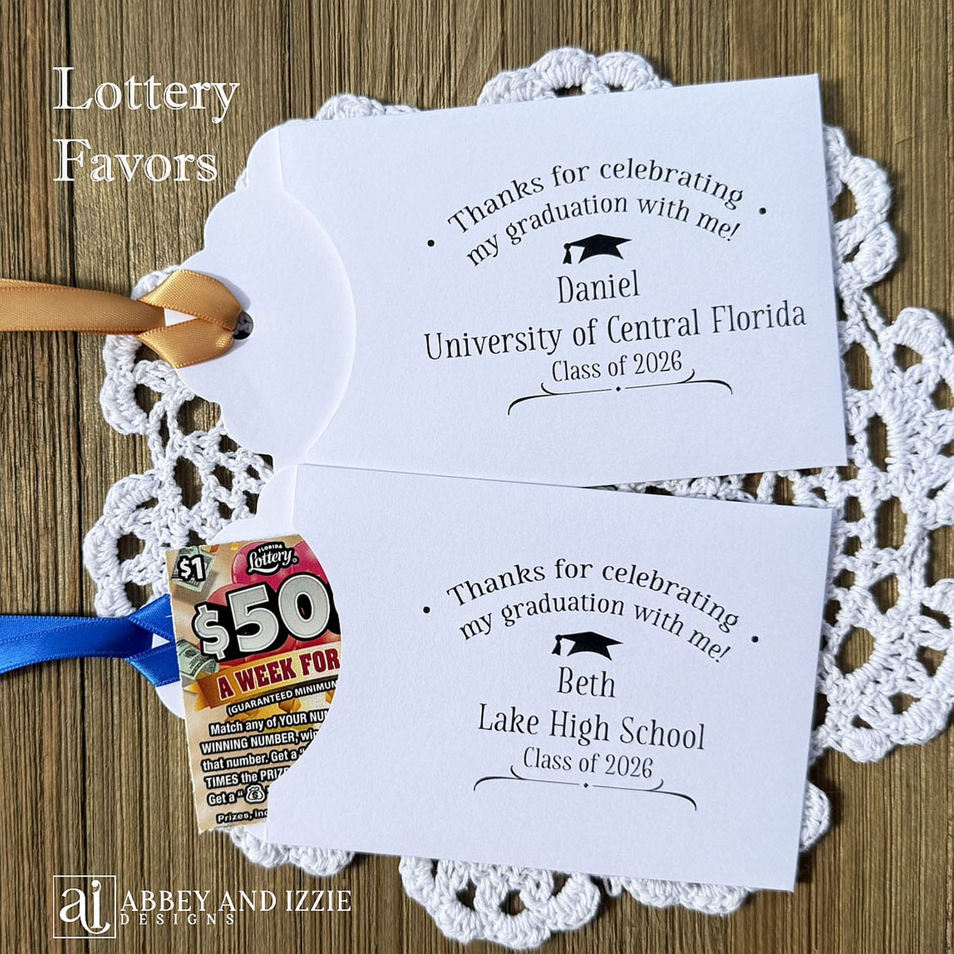 Fun Graduation Party Favors Personalized . Lotto ticket envelopes personalized for the graduate with your choice of ribbon color.  Fun graduation favors for everyone to enjoy.  