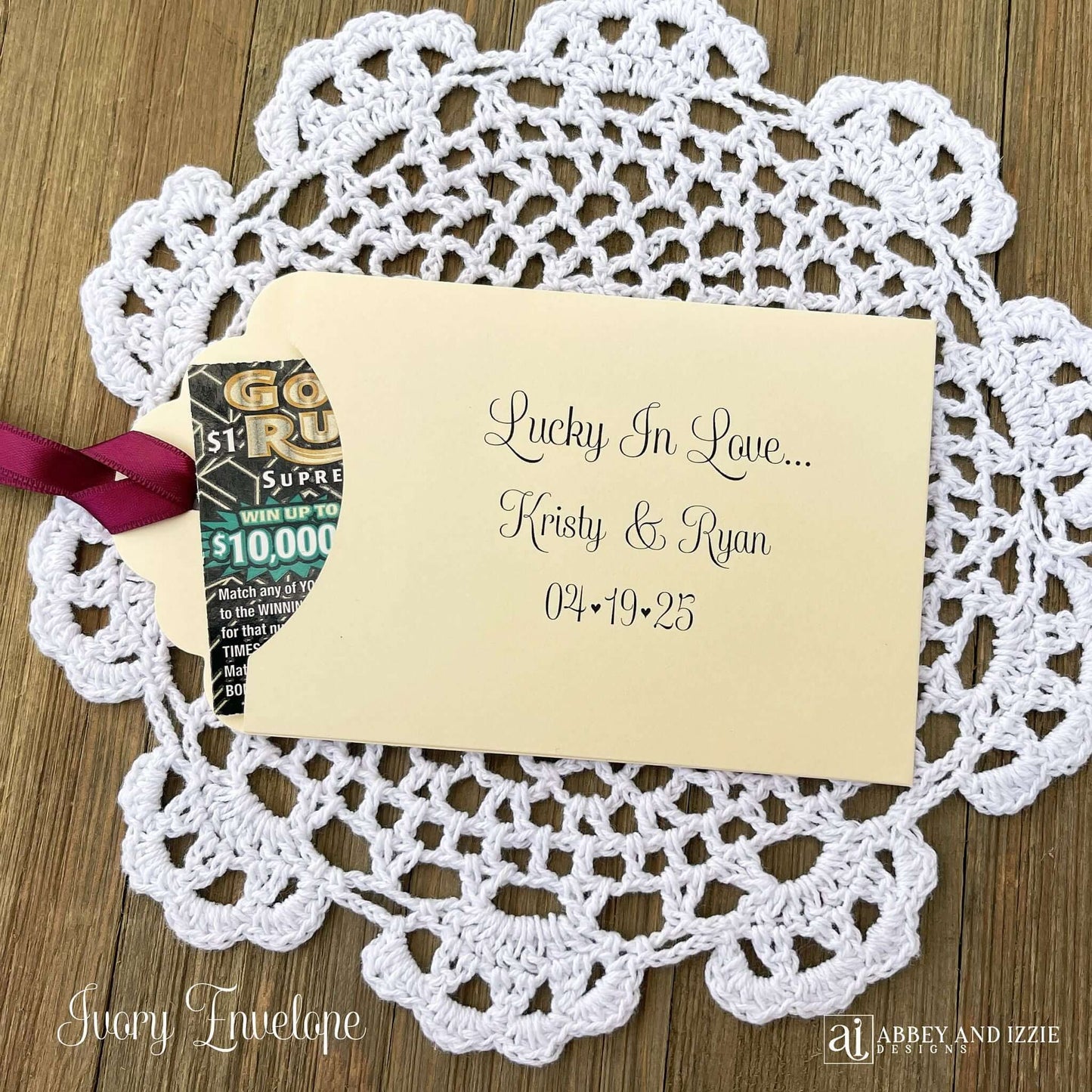 Wedding Lottery Ticket Envelopes Personalized, lucky in love  printed on each, slide a lotto ticket in for a fun and easy wedding favor. Personalized for the bride and groom, your choice of envelope and ribbon color.