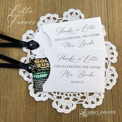 Bridal Shower Instant Lotto Favors, unique and fun favors for your guests.  Slide a lottery ticket in to see who wins.  Printed on white or turquoise card stock, thanks a lotto for celebrating the future Mrs. personalized for the bride to be.  
