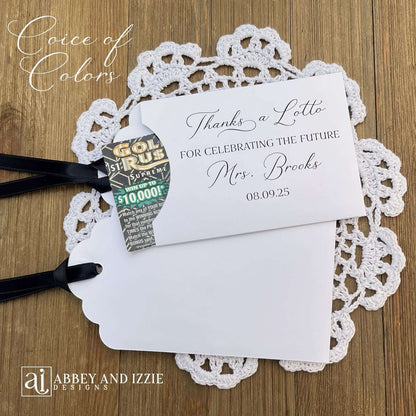 Bridal Shower Instant Lotto Favors, unique and fun favors for your guests.  Slide a lottery ticket in to see who wins.  Printed on white or turquoise card stock, thanks a lotto for celebrating the future Mrs. personalized for the bride to be.  