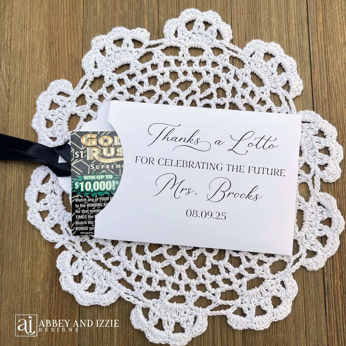 Bridal Shower Instant Lotto Favors, unique and fun favors for your guests.  Slide a lottery ticket in to see who wins.  Printed on white or turquoise card stock, thanks a lotto for celebrating the future Mrs. personalized for the bride to be.  