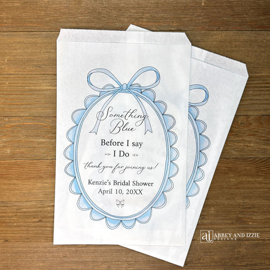 Something Blue Before I Do Bridal Shower Favor Bags, Celebrate your bridal shower with personalized favor bags that set the perfect tone.  Always a popular theme for a bridal shower these are sure to impress your guests. Personalized for the bride to be, fill these with sweet treats or what ever you wish.  Great for candy buffets or the always fun cookie bars.