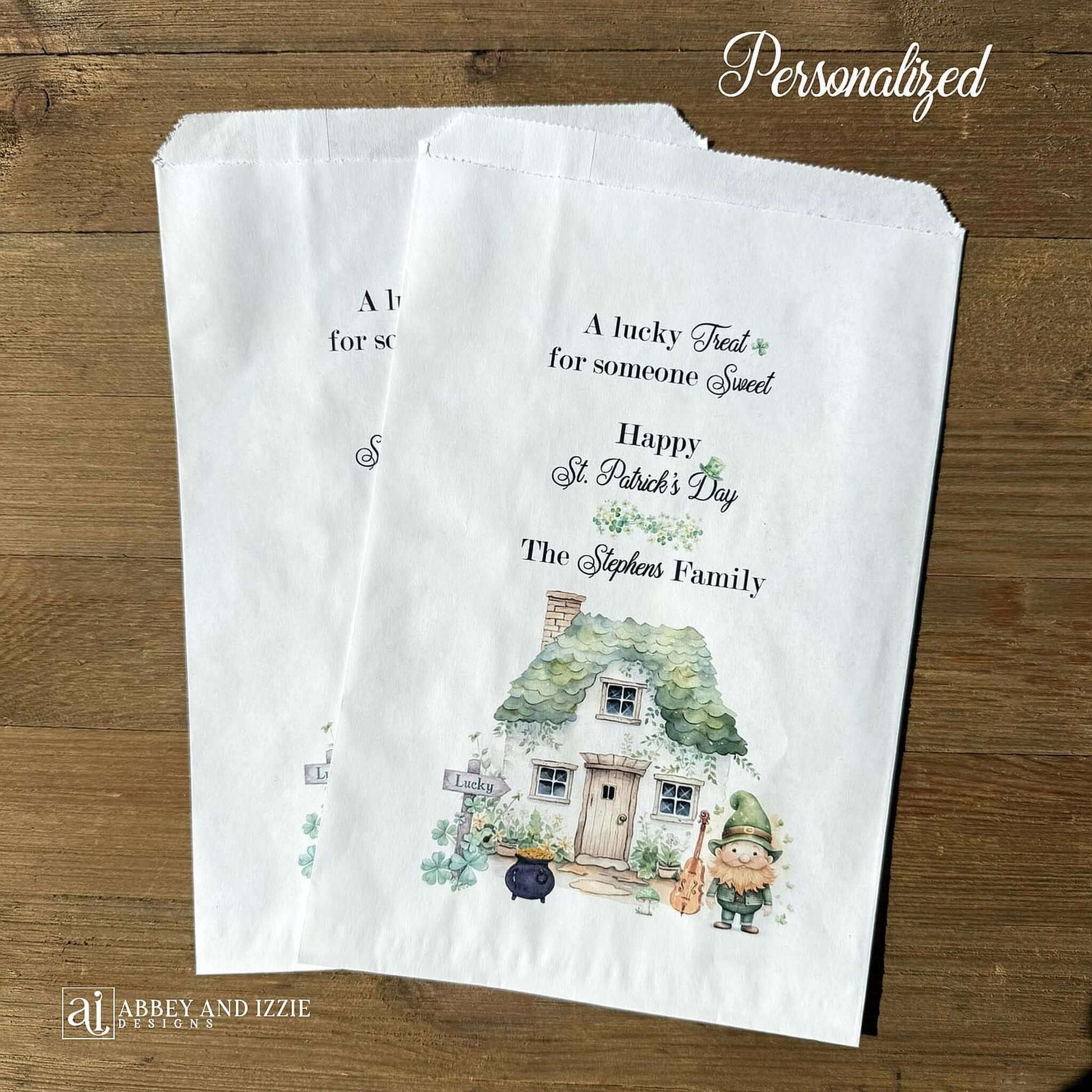 Make your event unforgettable with our expertly crafted St. Patrick's Day party favor bags personalized just for you. Designed with authentic holiday aesthetics, these bags serve as the perfect vessel for distributing gifts and treats to your guests. Whether you're planning an intimate celebration or a large-scale event, these favor bags demonstrate your commitment to quality and attention to detail. These are perfect for a St. Patrick's Day promotion with your company name printed.  
