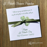 Personalized St. Patrick's Day Favors with 4 leaf clover and moss green ribbon for festive celebrations.