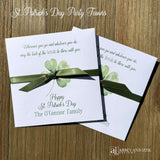 Personalized St. Patrick's Day Favors with four leaf clover and green ribbon for festive celebrations.