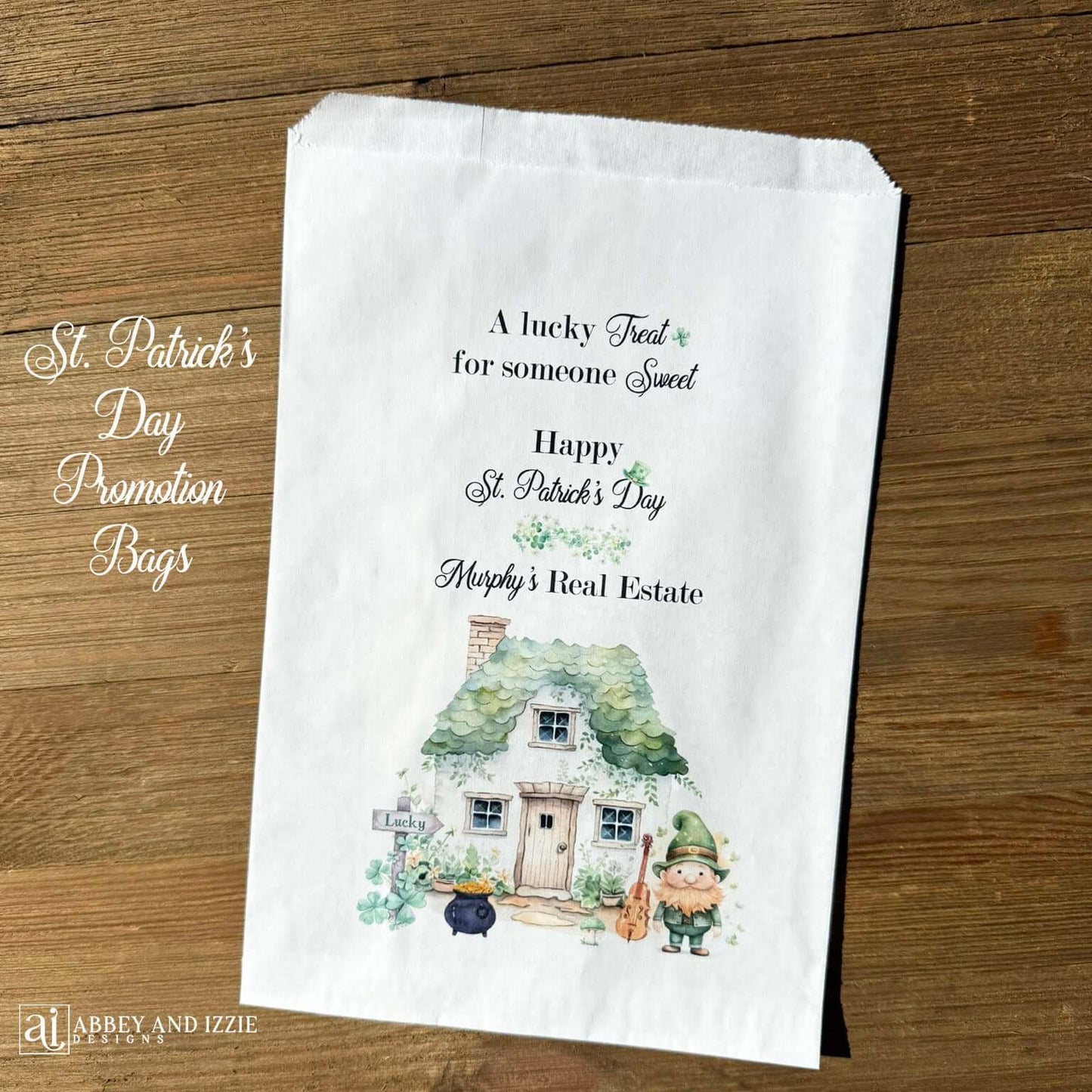 Make your event unforgettable with our expertly crafted St. Patrick's Day party favor bags personalized just for you. Designed with authentic holiday aesthetics, these bags serve as the perfect vessel for distributing gifts and treats to your guests. Whether you're planning an intimate celebration or a large-scale event, these favor bags demonstrate your commitment to quality and attention to detail. These are perfect for a St. Patrick's Day promotion with your company name printed.  