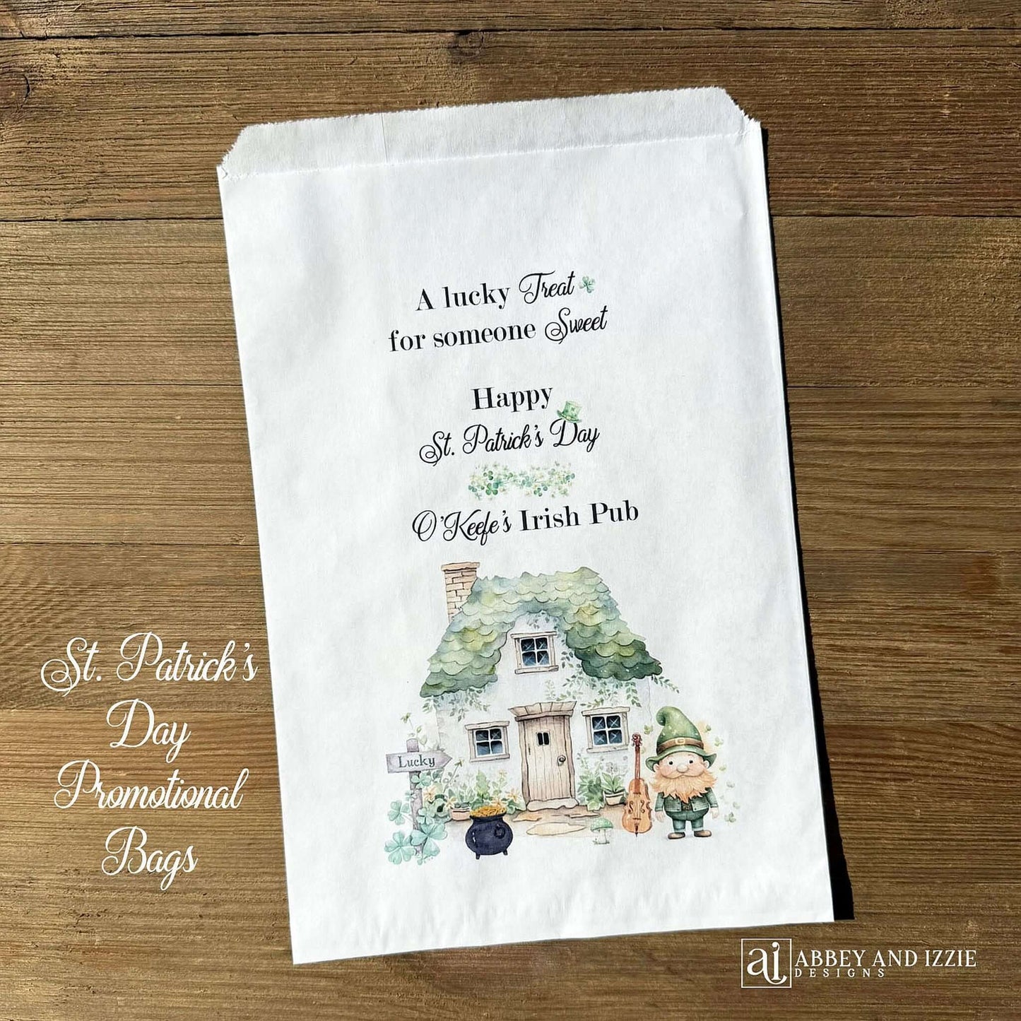 Make your event unforgettable with our expertly crafted St. Patrick's Day party favor bags personalized just for you. Designed with authentic holiday aesthetics, these bags serve as the perfect vessel for distributing gifts and treats to your guests. Whether you're planning an intimate celebration or a large-scale event, these favor bags demonstrate your commitment to quality and attention to detail. These are perfect for a St. Patrick's Day promotion with your company name printed.  