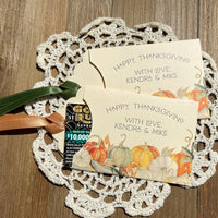  Fun Thanksgiving table favors personalized and assembled.  Printed on ivory cardstock with fall accents and gold or moss green ribbon which comes attahced.  These Thanksgiving Dinner Favors are sure to add some fun to the Holiday.