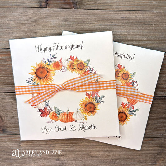 Perfect for your Friendsgiving gathering, these custom Thanksgiving guest favors add a personal touch to your celebration. Customize with your name(s) to thank your guests for sharing the holiday with you. 